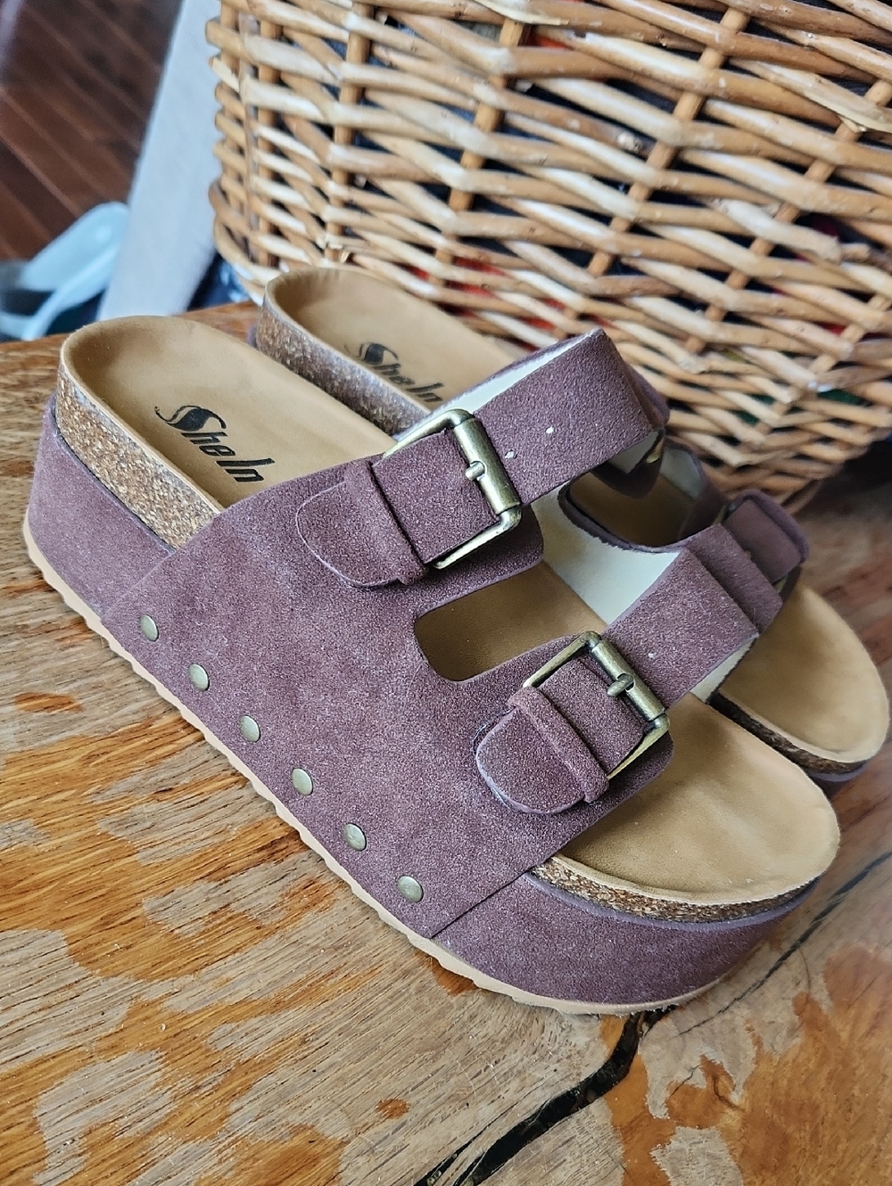Women's sz 8 BOHO Buckle Platform Slides Sandals Brown